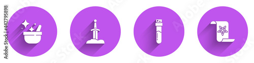 Set Witch cauldron, Sword in the stone, Bottle with potion and Ancient magic book icon with long shadow. Vector