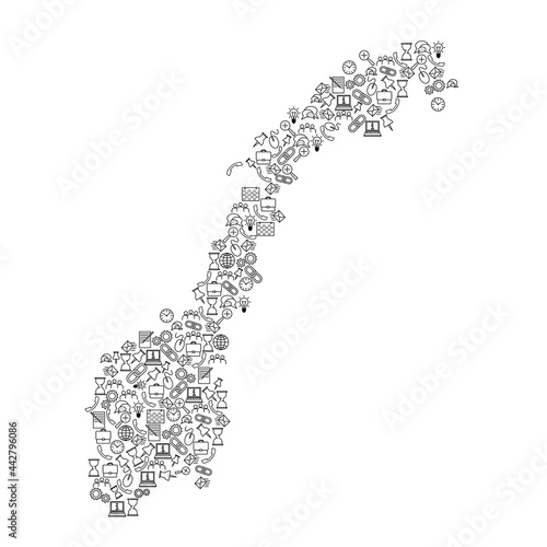 Norway map from black pattern set icons of SEO analysis concept or development, business. Vector illustration.