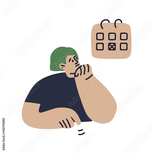 Young modern woman awaiting vaccination. A young girl looks at the calendar in anticipation of a future event. Vector fully editable isolated illustration on white background.