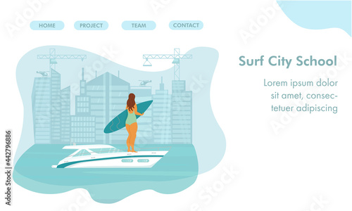 Speed yacht with surfer body positive woman in sea, ocean. Landing page for surf, surfing school. Vector stock illustration isolated for advertisement travel agency or yachting club, marine. EPS10