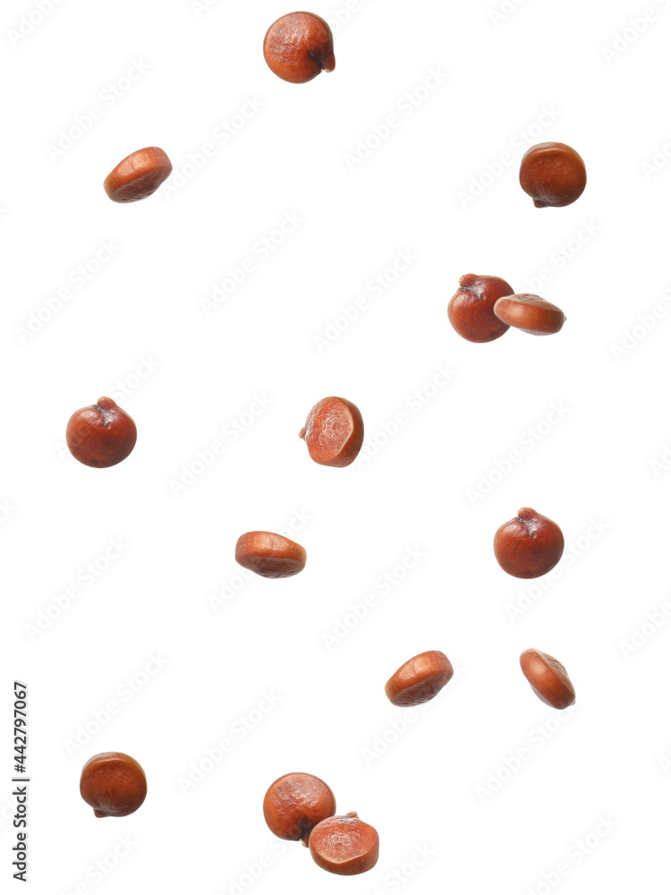 Many quinoa seeds falling on white background. Vegan diet Many quinoa seeds falling on white background. Vegan diet