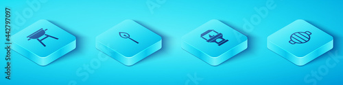 Set Isometric Barbecue grill, Burning match with fire, and Brick stove icon. Vector