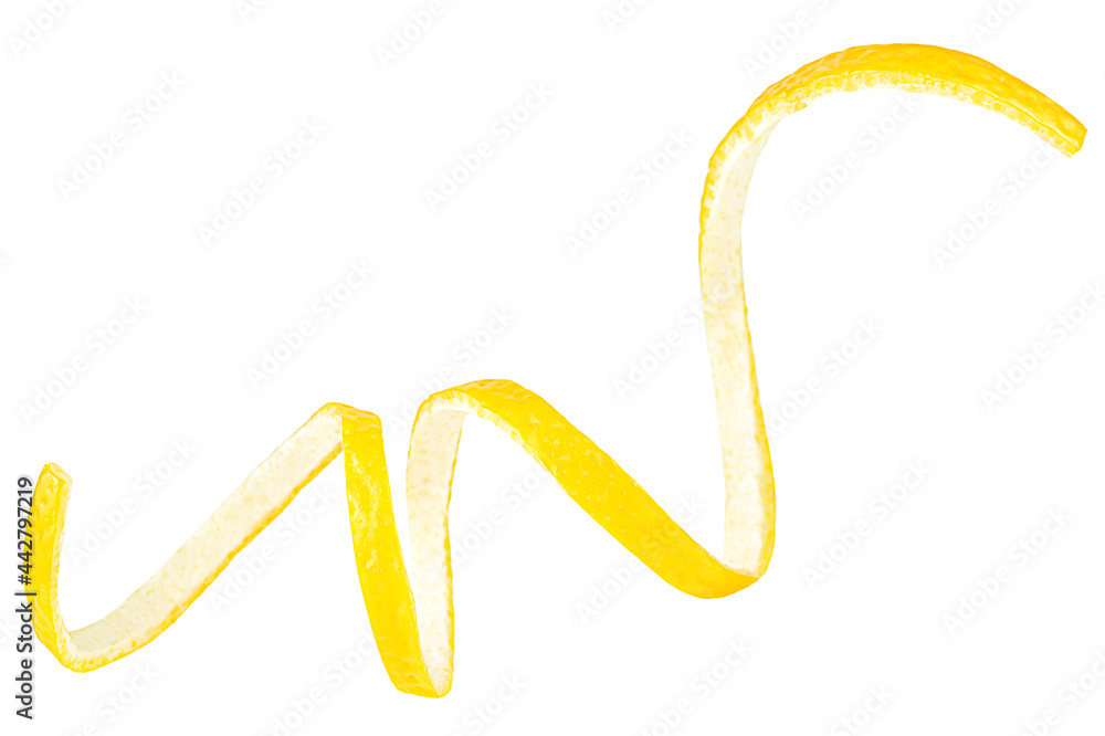Yellow skin of fresh lemon fruit isolated on a white background. Spiral of lemon peel. Yellow skin of fresh lemon fruit isolated on a white background. Spiral of lemon peel.