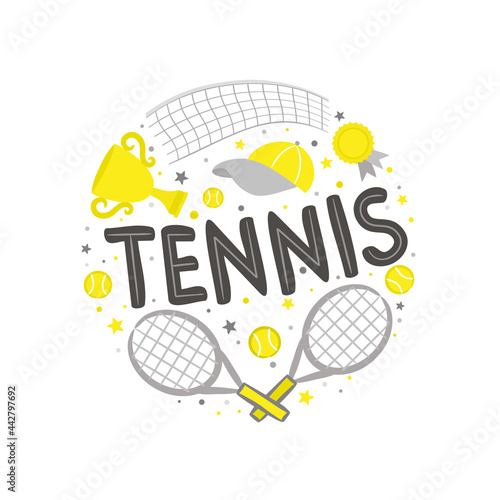 Cute hand drawn Tennis emblem with sports element, tennis rackets, balls and a cap. Round Logo for a sport club, tournaments or competition. Vector illustration in doodle style