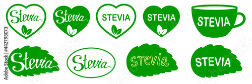 Set of Stevia leaf lettering labels. Green icon or logo. Natural low calorie sweetener. Plant based vegan food product label. Diet. Sticker. Vegeterian. Organic. Green heart-shaped stamp.