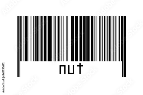 Barcode on white background with inscription nut below photo