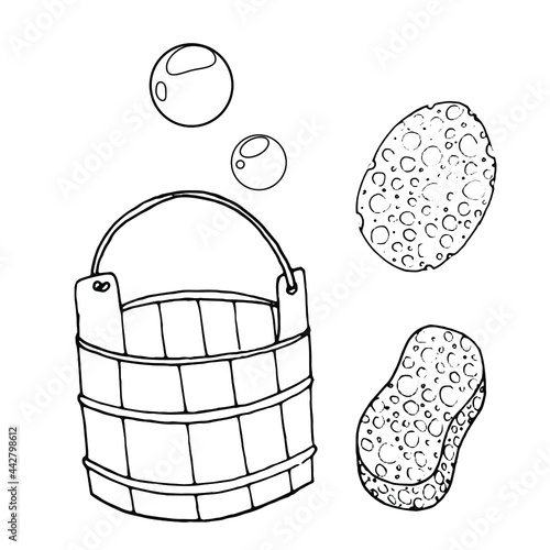 Hand draw illustration Bowl, Logo basin. Set Wood container icon. Sketch washcloth and sponge