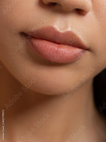 Sexual full lips. Natural gloss of lips and woman's skin. The mouth is closed. Increase in lips, cosmetology. Pink lips and long neck.