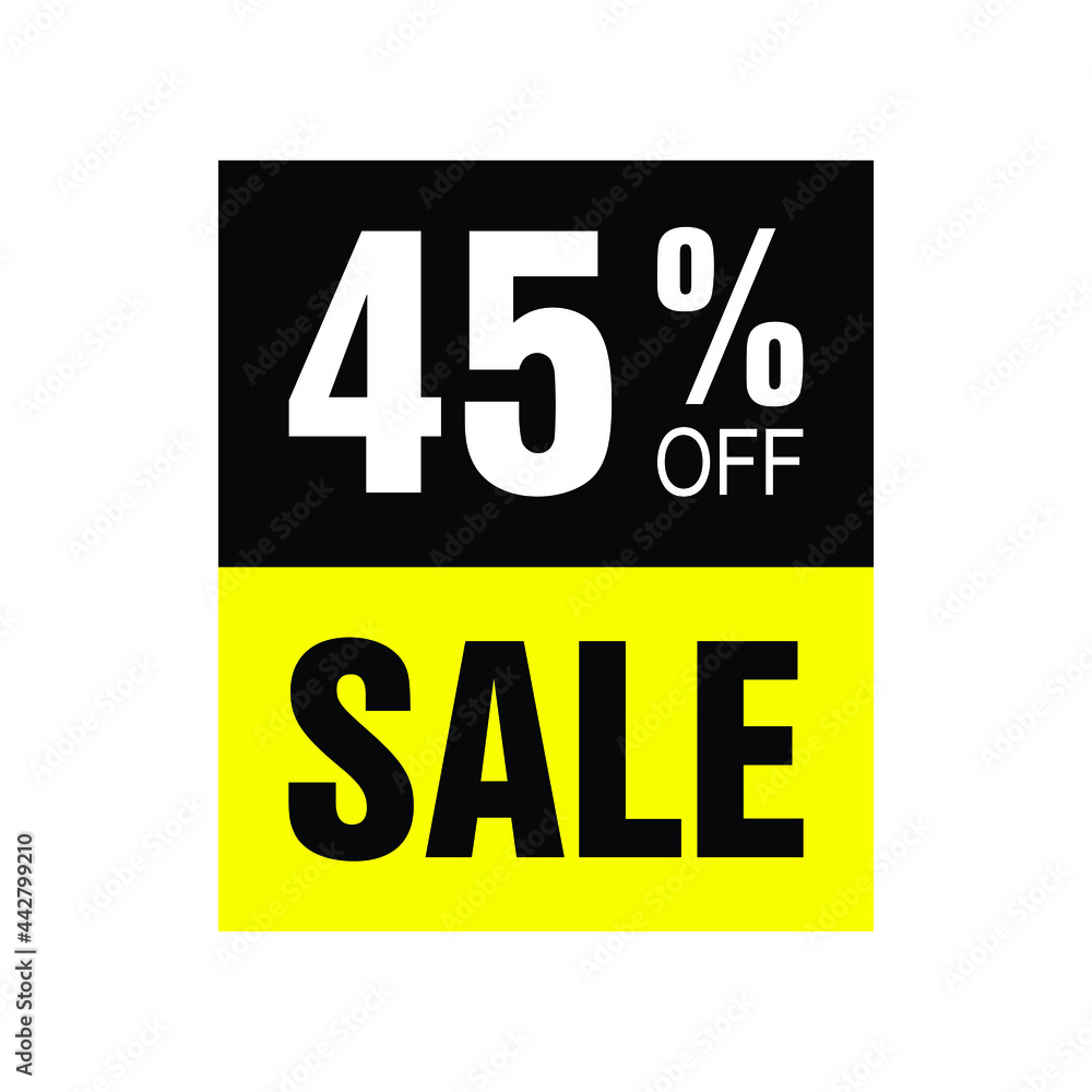 45% off. Yellow and black banner with forty-five percent discount for mega big sales. 45% off. Yellow and black banner with forty-five percent discount for mega big sales.