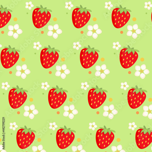 Seamless background with strawberries and white flowers. Summer pattern. Vector illustration