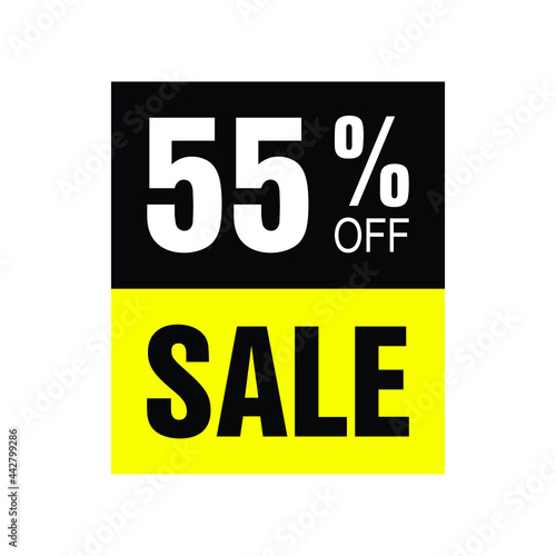 55% off. Yellow and black banner with fifty-five percent discount for mega big sales.