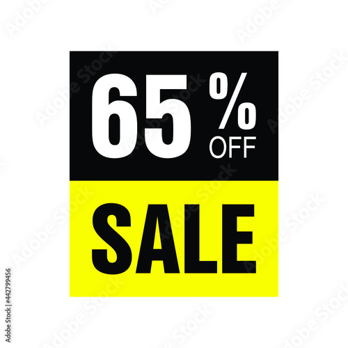 65% off. Yellow and black banner with sixty-five percent discount for mega big sales.