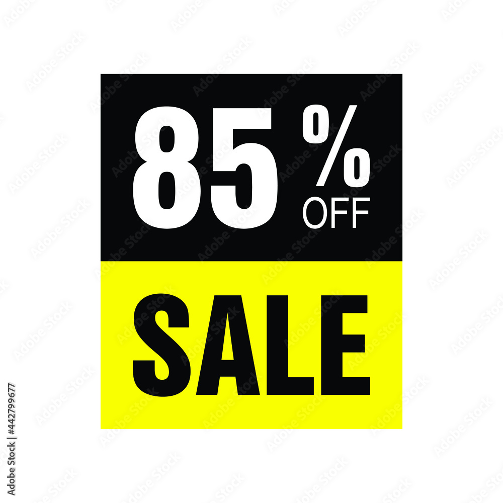 85% off. Yellow and black banner with eighty-five percent discount for mega big sales. 85% off. Yellow and black banner with eighty-five percent discount for mega big sales.