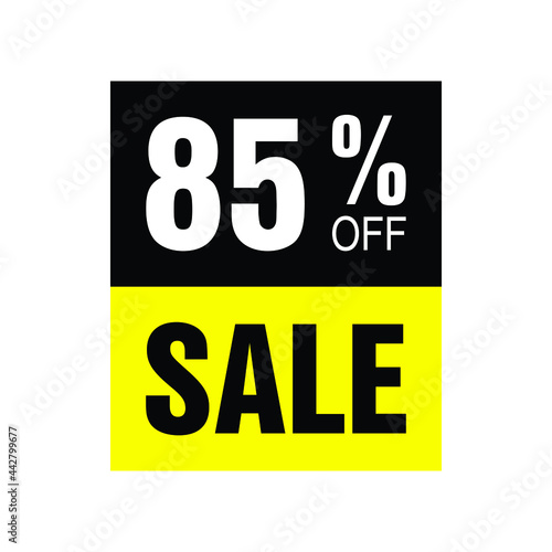 85% off. Yellow and black banner with eighty-five percent discount for mega big sales.