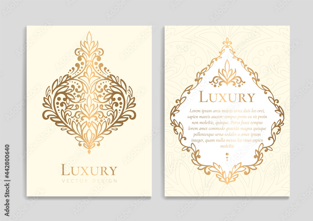 Gold and beige greeting card design. Luxury vector ornament template. Great for invitation, flyer, menu, brochure, postcard, background, wallpaper, decoration, packaging or any desired idea.