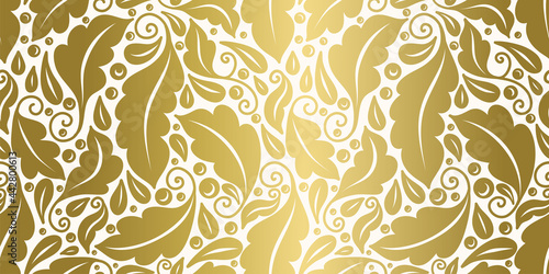 Gold and white leaves seamless pattern. Abstract vector ornament template. Paisley elements. Great for fabric  invitation  background  wallpaper  decoration  packaging or any desired idea.
