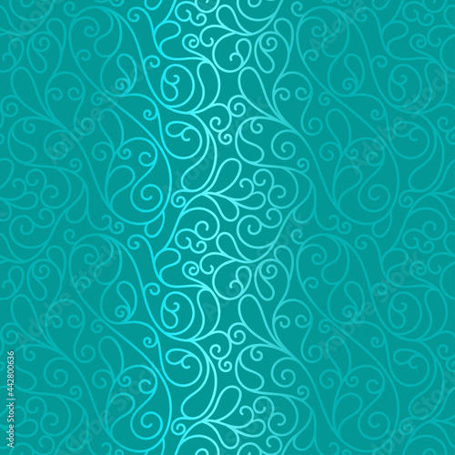 Turquoise leaves seamless pattern. Abstract vector ornament template. Paisley elements. Great for fabric, invitation, background, wallpaper, decoration, packaging or any desired idea.
