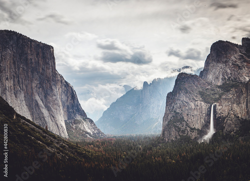 Tunnel View Bridal Veil Falls Yosemite National Park on cloudy day photo