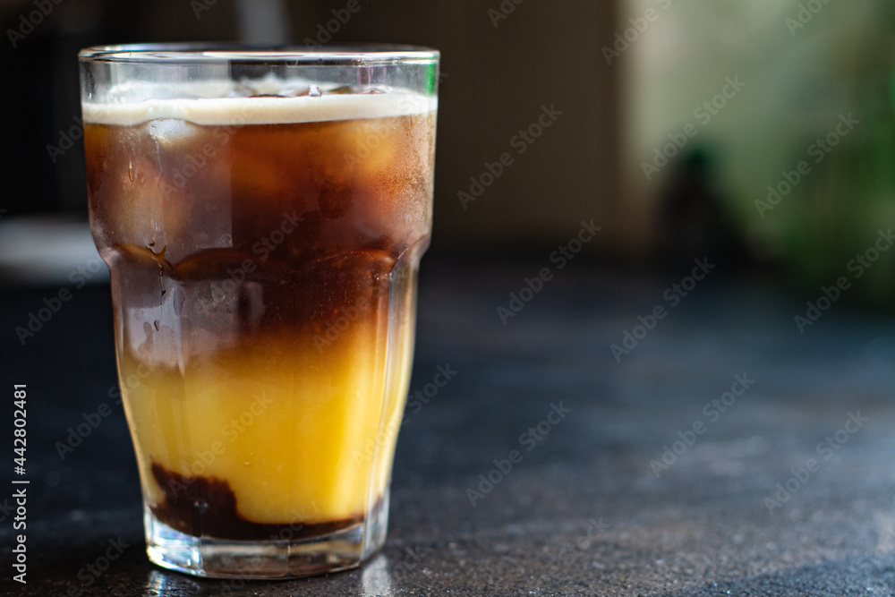 coffee orange juice bumble bee cocktail on the table, healthy food meal snack copy space food background rustic. top view coffee orange juice bumble bee cocktail on the table, healthy food meal snack copy space food background rustic. top view
