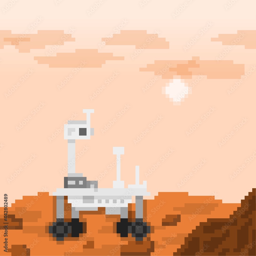 Rover explorator in surface of mars concept pixel art icon illustration Rover explorator in surface of mars concept pixel art icon illustration
