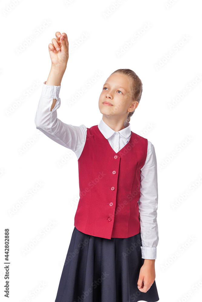 Rear view school girl writing gesture on air isolated over white background. A girl in a school uniform. Studio photo, education Rear view school girl writing gesture on air isolated over white background. A girl in a school uniform. Studio photo, education