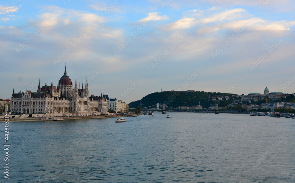 Cityscape of Budapest with Hungarian Parliament, Danube river, Szechenyi Chain Bridge and Buda Castle