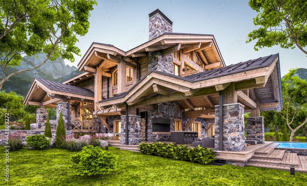 3d rendering of modern cozy chalet with pool and parking for sale or rent. Massive timber beams columns. Beautiful forest mountains on background. Clear summer evening with cozy light from window 3d rendering of modern cozy chalet with pool and parking for sale or rent. Massive timber beams columns. Beautiful forest mountains on background. Clear summer evening with cozy light from window