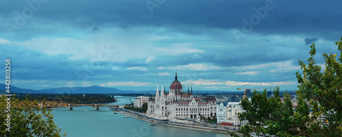 Cityscape of Budapest with Hungarian Parliament, Danube river, Szechenyi Chain Bridge