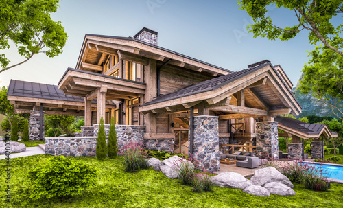 3d rendering of modern cozy chalet with pool and parking for sale or rent. Massive timber beams columns. Beautiful forest mountains on background. Clear summer evening with cozy light from window
