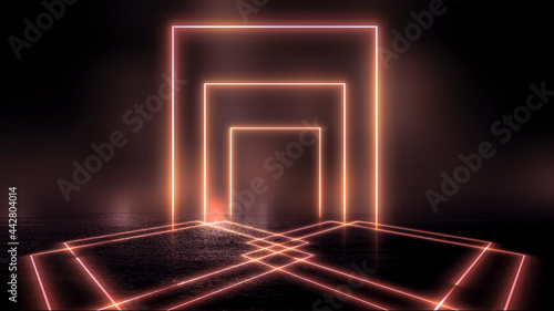 Fototapeta Naklejka Na Ścianę i Meble -  Abstract futuristic neon background, light tunnel, neon shapes on a dark background. Night view, space background, cyber reality. science, city, geometric, pavement, pink, show.