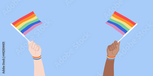  vector illustration of hands holding LGBT flag, same-sex love concept, banner, poster, postcard