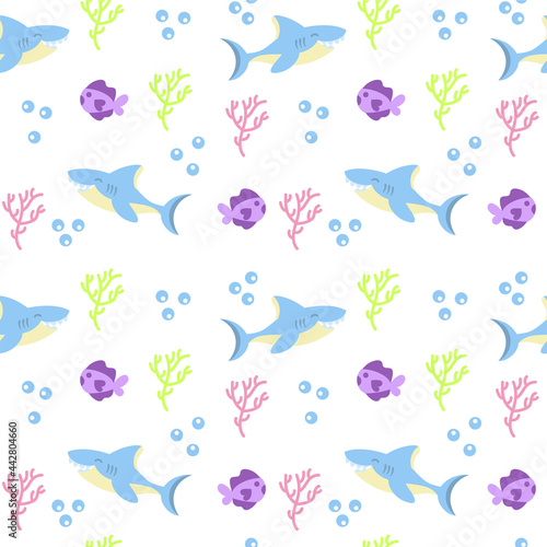 Colored sealife pattern with sharks and fishes Vector illustration