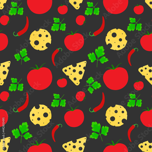 Fototapeta Naklejka Na Ścianę i Meble -  Red tomatoes and chilli peppers with cheese and herbs on a gray background. Seamless background. design for printing on textiles, packaging. Vector, illustration