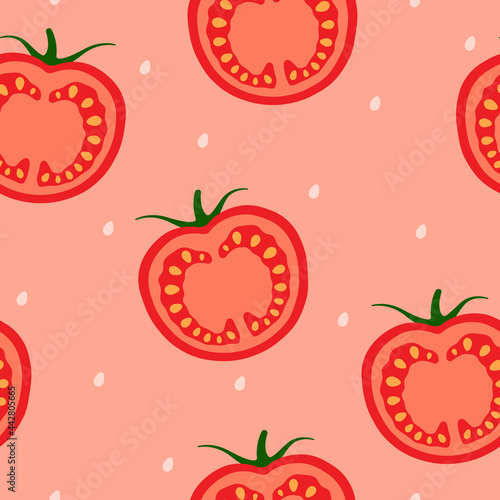 Tomato slices and seeds on a pink background. Vegetable design for printing on textiles  packaging. Seamless background. Vector  illustration