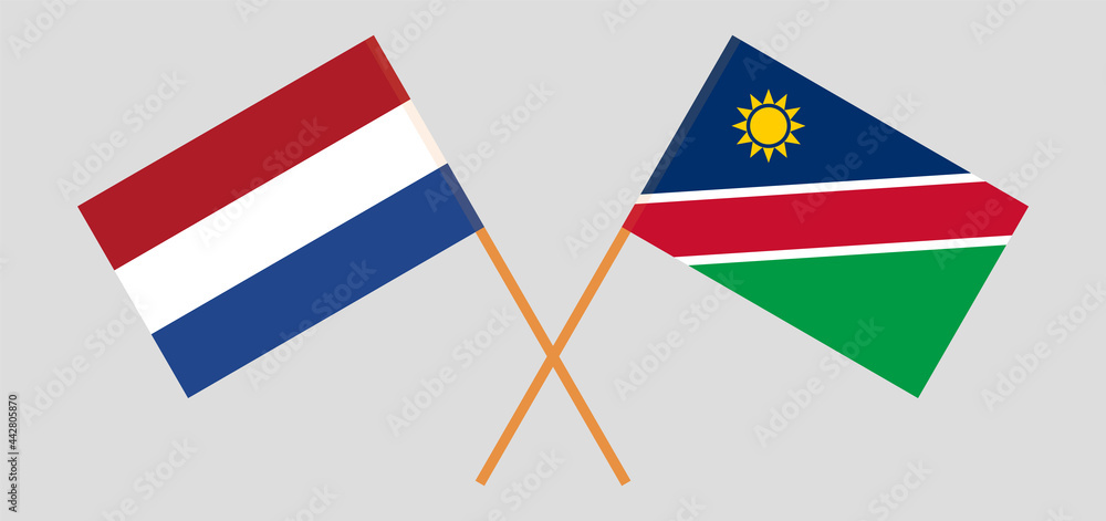Crossed flags of the Netherlands and Namibia. Official colors. Correct proportion