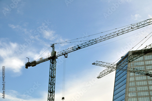Silhouettes of tower cranes against the background of modern skyscrapers.
