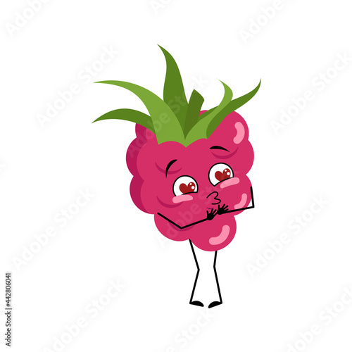 Cute raspberry character falls in love with eyes hearts, kiss face, arms and legs. The funny or smile emotions sweet food, berry, dessert with eyes. Vector flat illustration
