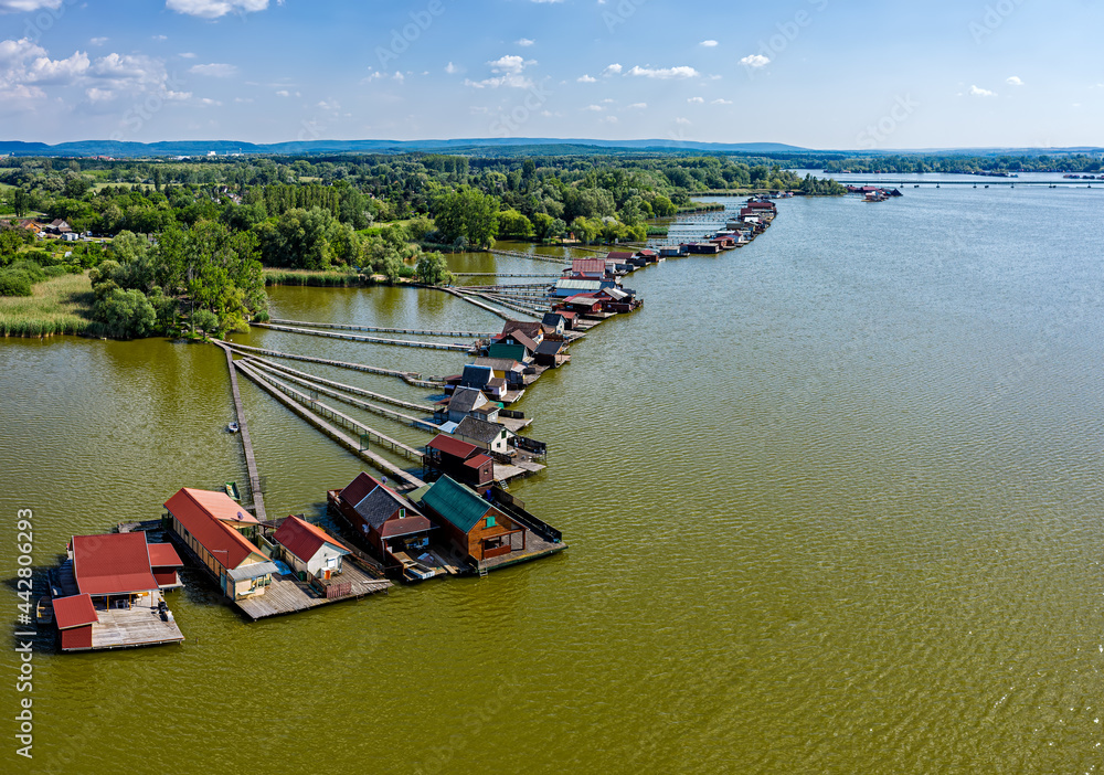 Elevated view of the Bokod Floating Village on the Lake Bokodi