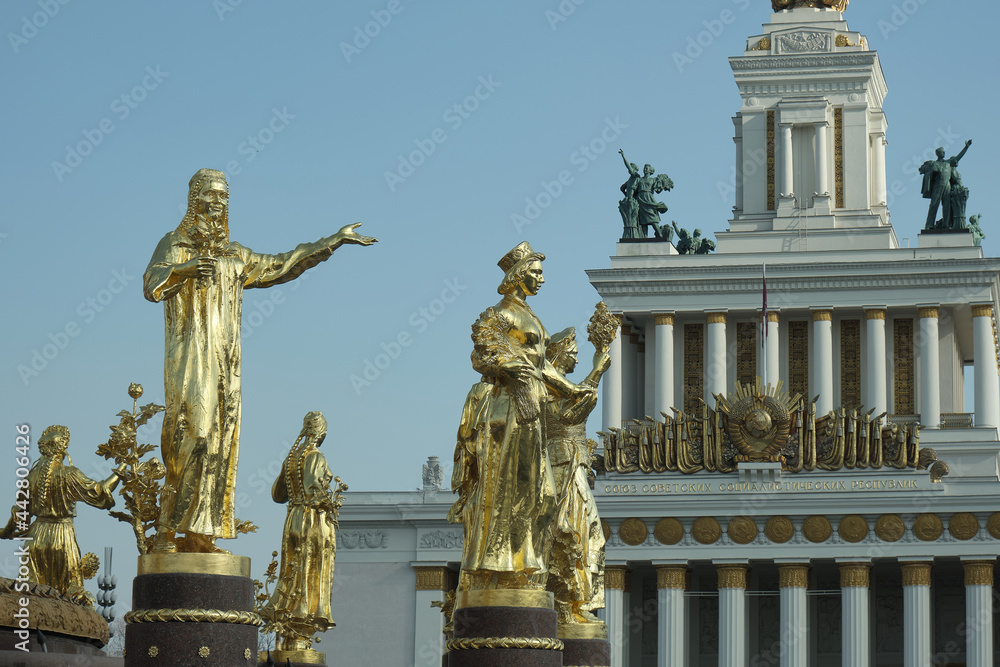 Statues and facades of VDNKh in Moscow