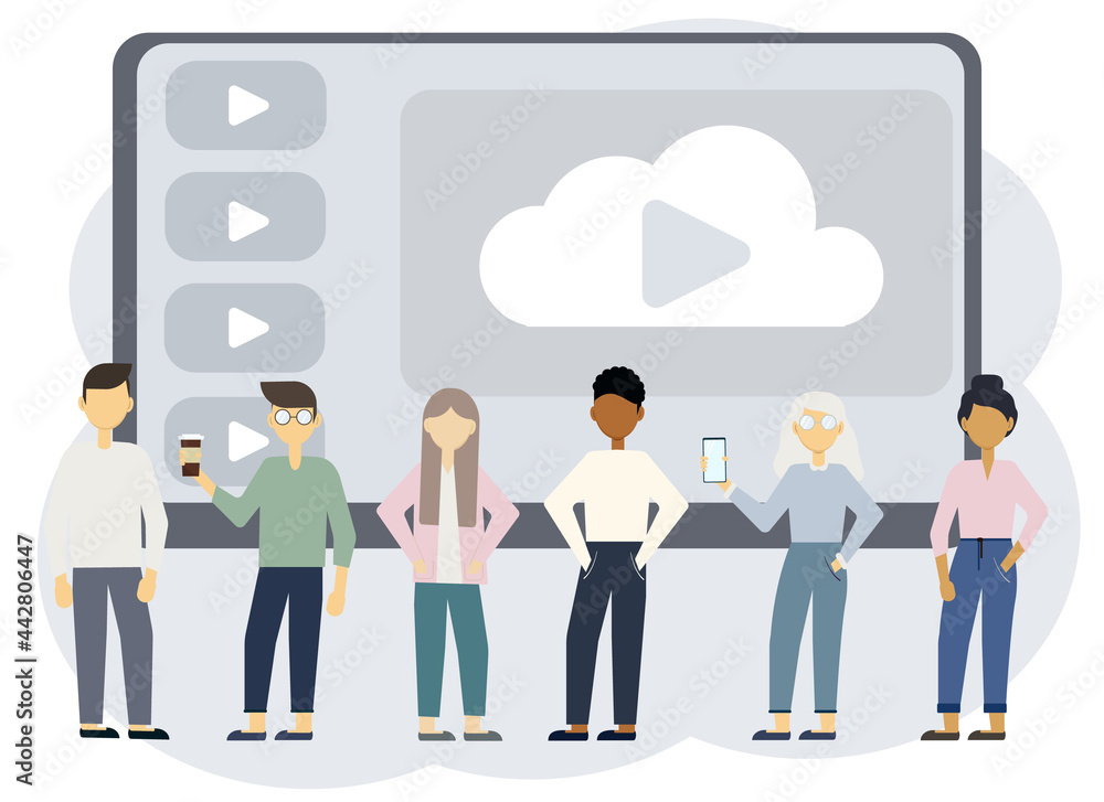 Illustration of different fashionable men and women on the background of a laptop with an open turntable