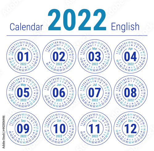 Calendar 2022. Vector English round calender. January, February, March, April, May, June, July, August, September, October, November, December. Design template
