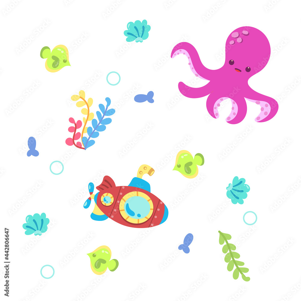 Colored sealife pattern with octopuses and submarines Vector