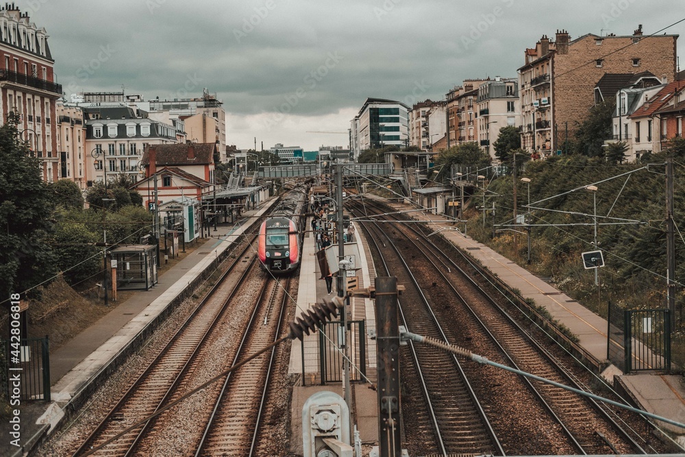 Fototapeta premium Paris, France 01-07-2021: the arrival of the train at the Garenne colombe station