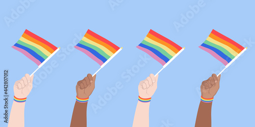 vector illustration of hands holding LGBT flag, same-sex love concept, banner, poster, postcard