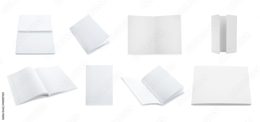 Set with blank paper brochures on white background. Mockup for design Set with blank paper brochures on white background. Mockup for design