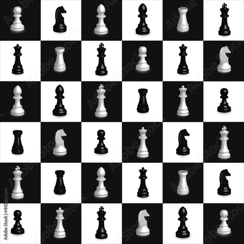 Chess seamless pattern. Chess 3d black and white. Geometric decoration element. Vector drawing. Black mosaic background. Modern cover concept. Checkered pattern. Print fabric textil
