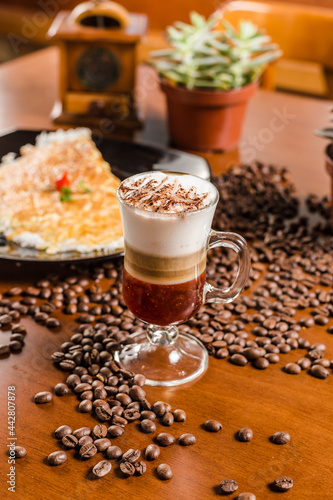 Delicious Layered Cappuccino Coffee Drink Cinnamon Chocolate Caramel Breakfast On Wooden Table Baker Bakery