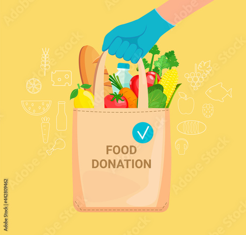 Hand in gloves with bag full of donation food, charity and solidarity during covid-19 pandemic. Volunteers help needy, poor, old, homeless and sick people.Grocery donation concept.Vector illustration.