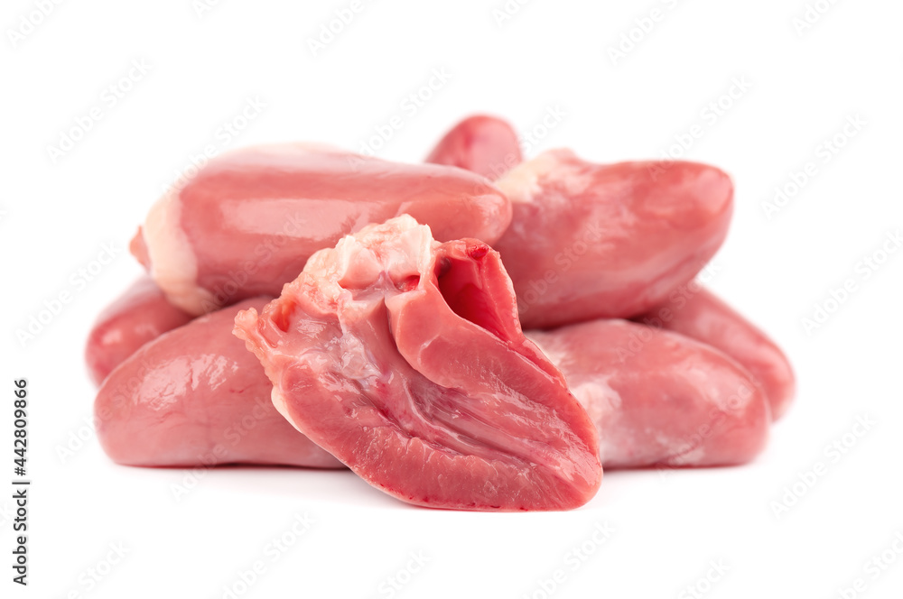 Chicken hearts raw isolated on white background. Fresh chicken broiler hearts. Close up. Chicken hearts raw isolated on white background. Fresh chicken broiler hearts. Close up.