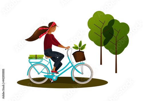 Woman riding a bike in the park. Exercise, healthy lifestyle, wellness, relaxation, recreation. Concept illustration. Vector design.